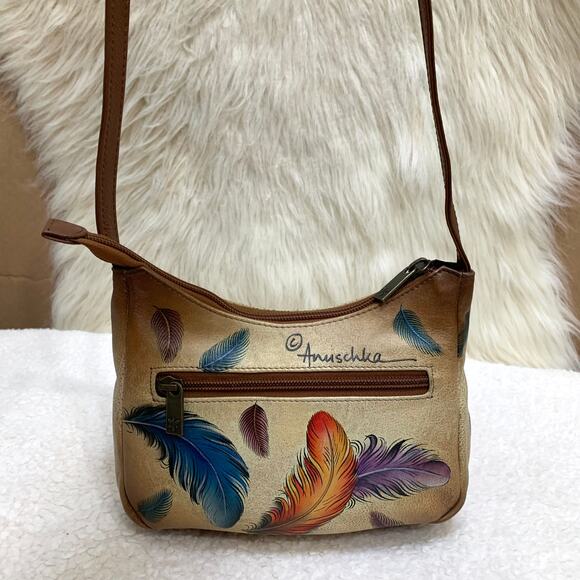 ANUSCHKA Colorful Small Hand Painted Leather "FEATHERS" Zip Top Organizer XBody - Picture 3 of 16